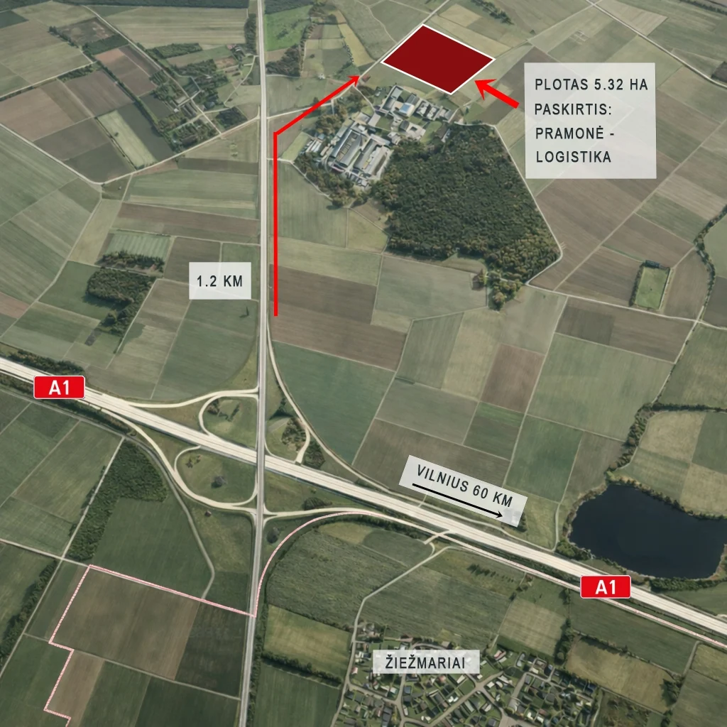 Parduodamas 5,32 ha pramonės–logistikos paskirties sklypas vos 1,2 km nuo Vilnius–Kaunas magistralės