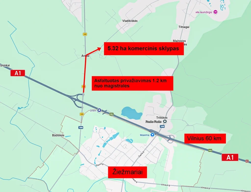 Parduodamas 5,32 ha pramonės–logistikos paskirties sklypas vos 1,2 km nuo Vilnius–Kaunas magistralės